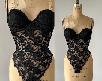 Vintage 90s Lingerie, 1990s Victoria Secret Sheer Black Lace Teddy, Sexy Underwire Longline Bra Spaghetti Strap High Cut Bodysuit, 34B XS