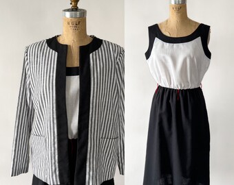 Vintage 80s Suit, 1980s Vintage Black White Colorblock Sleeveless Midi Dress, Striped Boxy Oversized Open Jacket 2PC Matching Set, Small