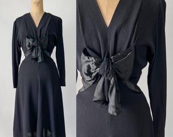 Vintage 40s Dress, 1940s Black Rayon Crepe Satin Bow Dress, Draped V Neck Long Batwing Sleeve Full Midi Cocktail Dress, Small S, 27 28 Waist