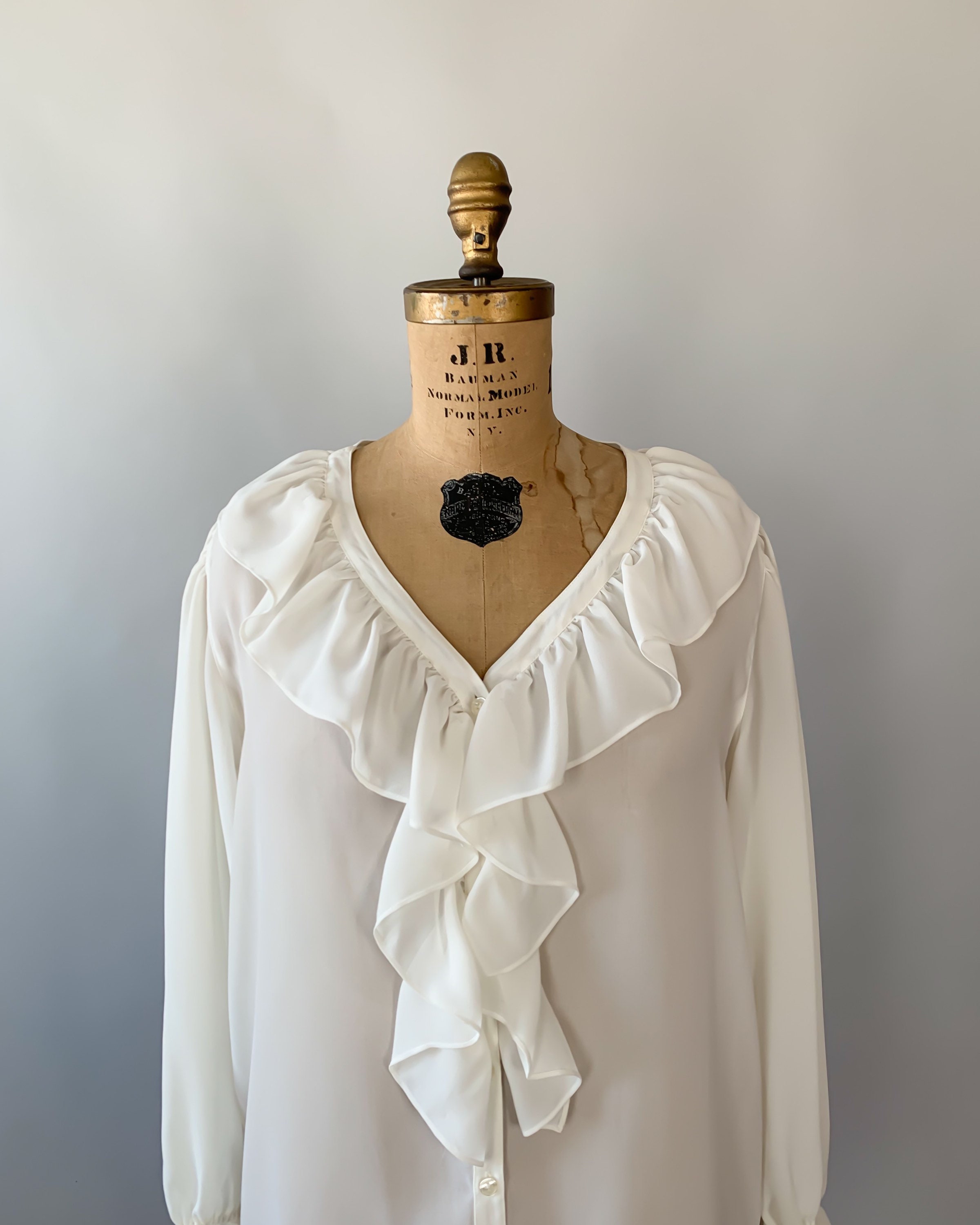 Vintage 1990s sheer white ruffled collar poet sleeve spring blouse ...