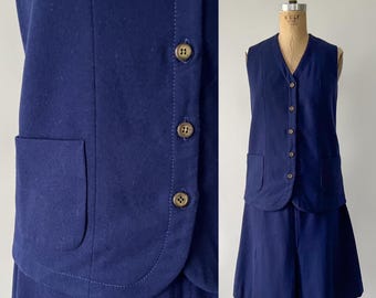 Vintage 70s Suit, 1970s Dark Indigo Blue Wool Skirt Suit, Long Vest Jerkin, Sleeveless Tunic Jacket, Pleated Skirt, 2PC Set, Medium M, W29