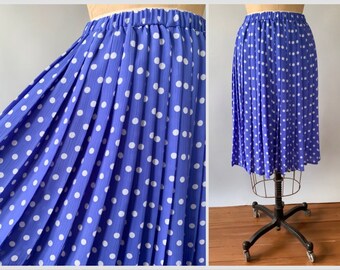 Vintage 1980s blue and white polka dot pleated midi skirt / Extra Small XS Small S