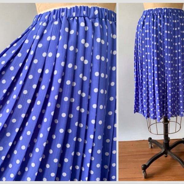 Vintage 1980s blue and white polka dot crinkled pleated skirt / 80s midi skirt / Extra Small XS Small S