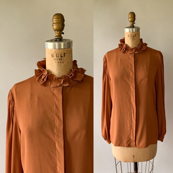 Vintage 70s blouse, 1970s copper rayon blouse, 70… - image 1