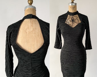 Vintage 80s Dress, 1980s 90s Black Stretchy Textured Fitted Sheath, Mock Neck Sheer Mesh Illusion Neckline Open Back Bodycon, Extra Small XS