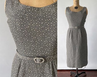 Vintage 50s Dress, 1950s Gray White Polka Dot Cotton Denim Midi, Sleeveless Scoop Neck Sheath, Rhinestone Studded Embellished, Medium, W29