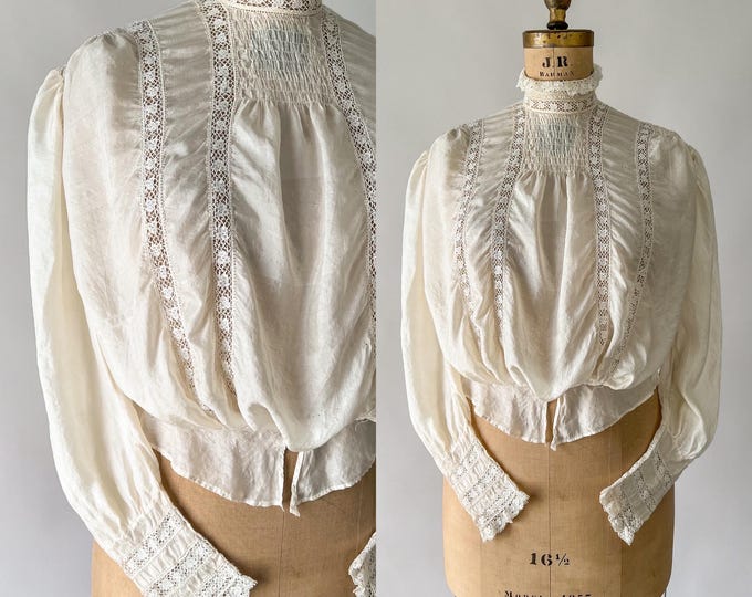 Featured listing image: Antique Blouse, Vintage Edwardian 1900s Cream Ecru Tissue Silk Lace Inset Puff Sleeve High Neck Shirt, Gibson Girl, Medium M, 27 28 Waist