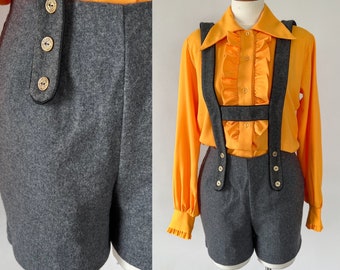 Vintage 60s Romper, 1960s 1970s Gray Wool Lederhosen Style Suspender Shorts, Oktoberfest Bavarian Overalls Shortalls, Extra Small XS S