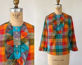 Vintage 60s Blouse, 1960s Orange Aqua Blue Golden Brown Fall Multi Plaid Cotton Blouse, Crew Neck Long Sleeve Ruffled Top, Refashioned, XS S