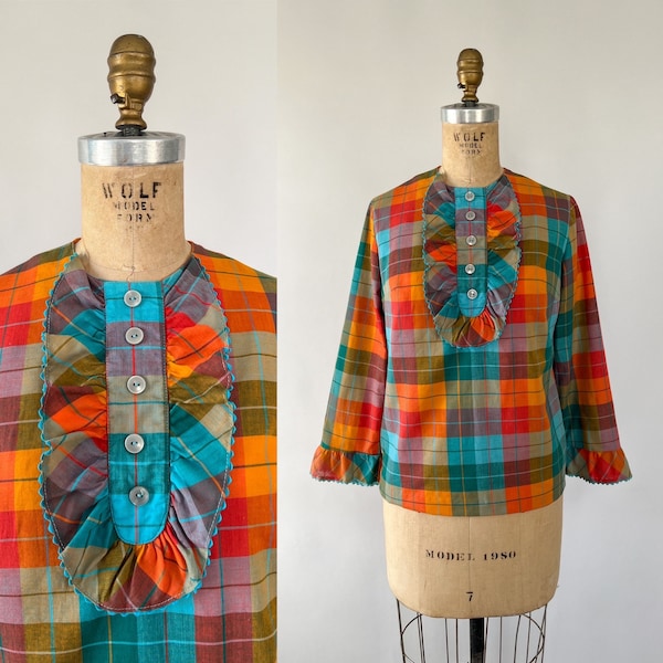 Vintage 60s Blouse, 1960s Orange Aqua Blue Golden Brown Fall Multi Plaid Cotton Blouse, Crew Neck Long Sleeve Ruffled Top, Refashioned, XS S