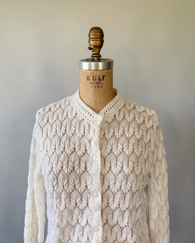 Vintage 1960s cream sheer lightweight scalloped pointelle crochet sweater 60s winter white lacy cardigan Small S