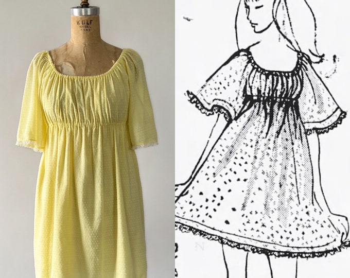 Featured listing image: 1960s Vintage Gay Gibson Sheer Yellow Dotted Swiss Angel Sleeve Mini Dress, Extra Small XS