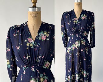 Vintage 40s Dress, 1940s Sheer Chiffon Navy Rayon Floral Print Spring Day Dress, Shirred Gathered Empire Waist Gored Midi Skirt, Small S M