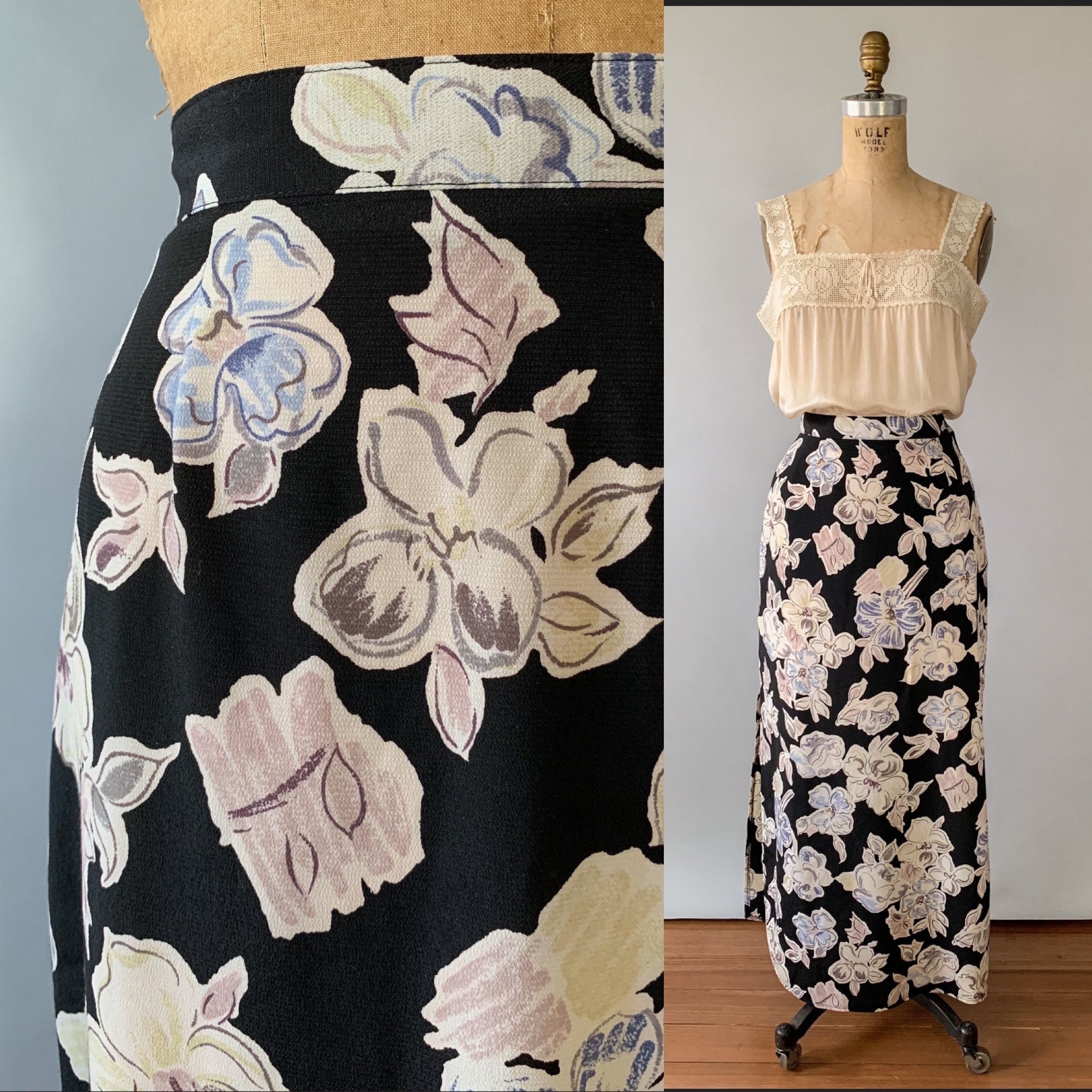 Vintage 90s Skirt, 1990s Black Floral Maxi Skirt, Full Length 
