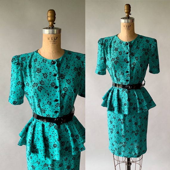Vintage 80s dress, 1980s turquoise floral peplum … - image 1