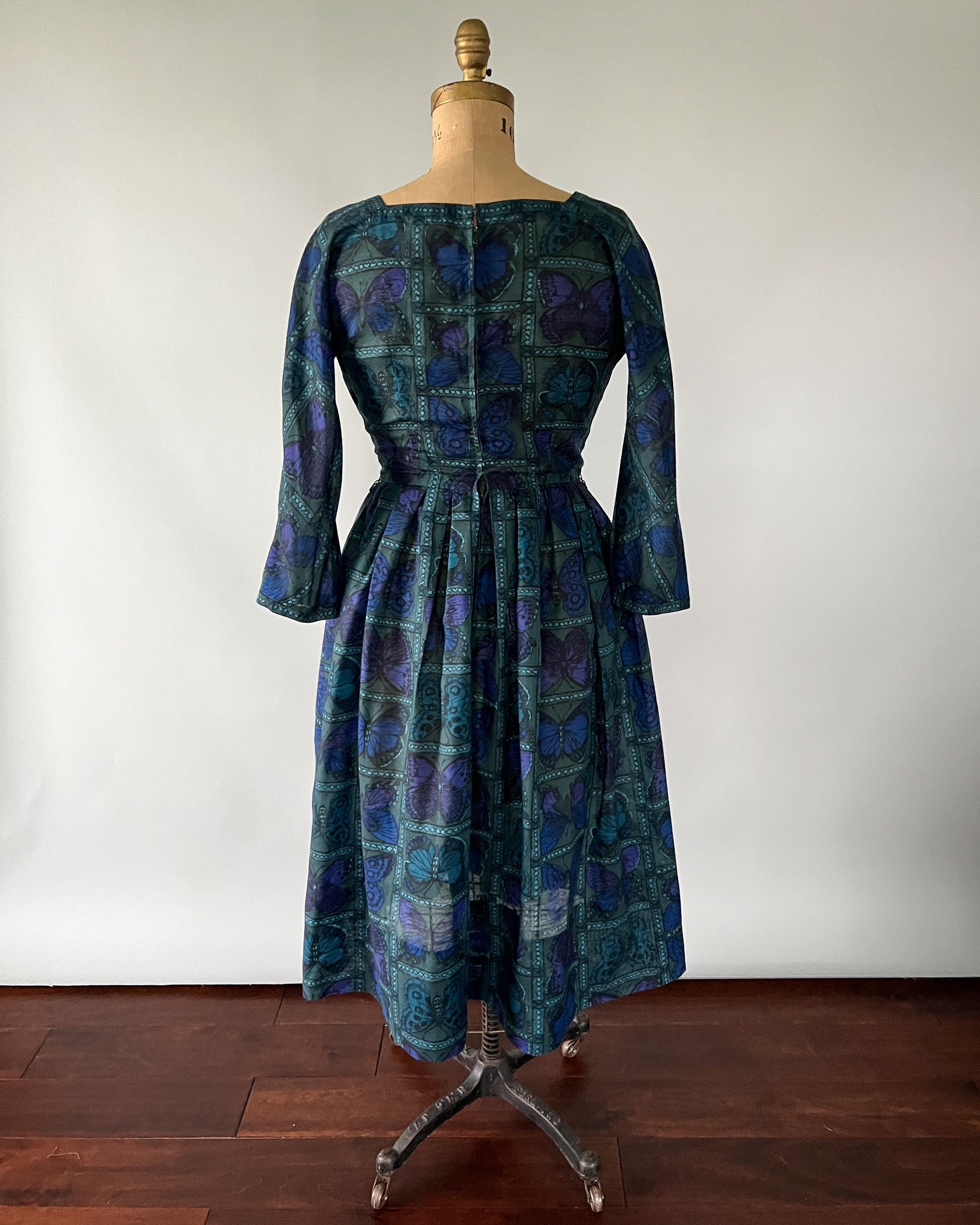 Vintage 1960s L’aiglon teal botanical butterfly dress, Medium, W29
