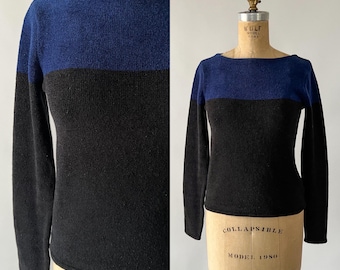 Vintage 90s Sweater, 1990s 2000s Y2K Jones NY Blue Black Two Toned Color Block Chenille Acrylic Knit Top, Boat Neck Fitted Jumper, Small S