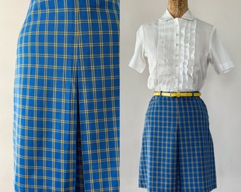 Vintage 60s Skirt, 1960s 1970s Blue Yellow Plaid Cotton Polyester Twill Mini, High Waisted Inverted Kick Pleat A Line Skirt, XS XXS 24 Waist