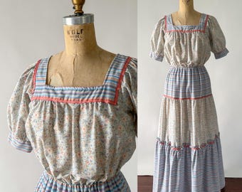 Vintage 70s Dress, 1970s Magnolia Blue Coral Pink Calico Floral Striped Maxi, Puffed Sleeve Mixed Pattern Tiered Ruffled Skirt, Small S