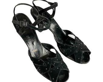 Vintage 50s Shoes, 1940s 1950s Troylings Black Suede Studded Cutout Open Toe Ankle Strap Strappy High Heels, Original Shoebox, Size 8 Narrow
