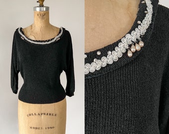 Vintage 50s Sweater, 1950s Apollo Black Rayon Boucle Knit Top, Pinup Silver Metallic Trim Pearl Embellished Scoop Neck Cropped Sweater Small