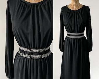 Vintage 70s Dress, 1970s Black Polyester Knit Long Sleeved Scoop Neck Midi Dress, Silver Lurex Trim Waistband, Little Black Dress, XS S