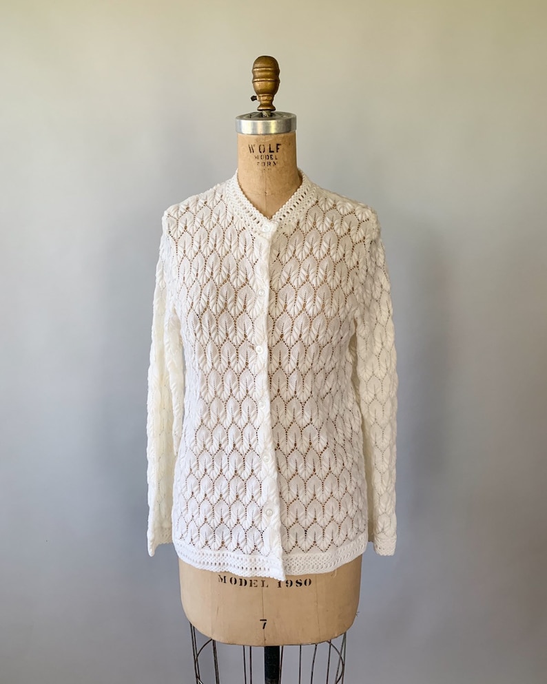 Vintage 1960s cream sheer lightweight scalloped pointelle crochet sweater 60s winter white lacy cardigan Small S