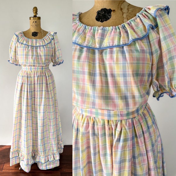 Vintage 80s Set, 1980s Multi Colored Pastel Plaid Cotton Poly Prairie Dress Set, Ruffled Puff Sleeve Peasant Blouse, Full Maxi Skirt, Large