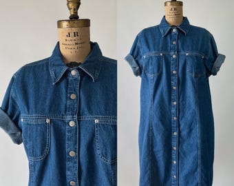Vintage 90s Dress, 1990s Y2K Denim Collared Button Front Midi, Princess Seam Short Sleeve Jean Dress, Plus Size 20W, Extra Extra Large, XXL