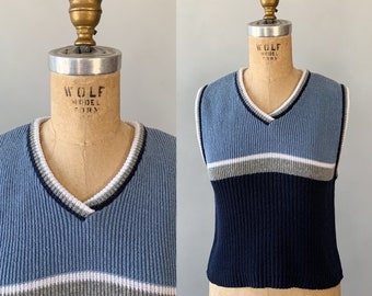 Vintage 1990s blue striped sweater vest, Small Medium