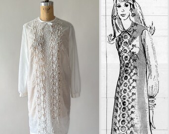 Vintage 60s Dress, 1960s Sheer White Eyelet Lace Embroidered Shift, Long Puffed Sleeve Crew Neck Bow Dress, Small Medium