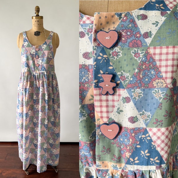Vintage 80s Dress, 1980s Multicolor Floral Fruit Patchwork Print Cotton Jumper Dress, Sleeveless Pinafore Midi Dress, Medium