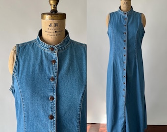 Vintage 90s Dress, 1990s Y2K Blue Denim Princess Seam Button Front Maxi, Sleeveless Mandarin Collar Mock Neck Cotton Jean Dress, Large L