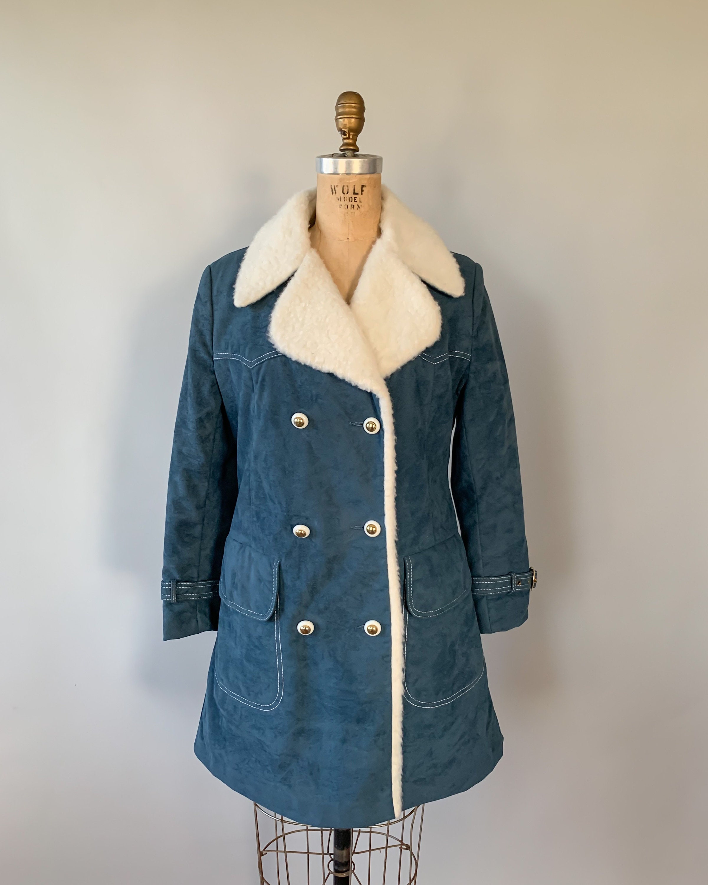 Vintage 1970s blue faux suede shearling lined double breasted peacoat