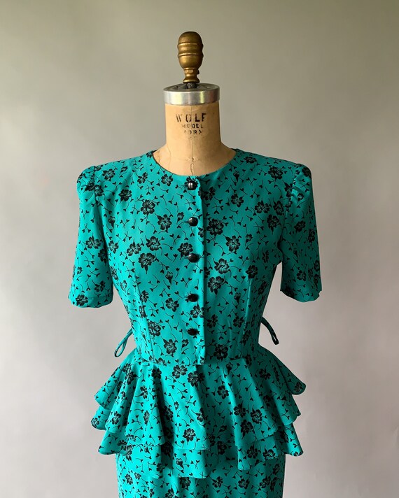 Vintage 80s dress, 1980s turquoise floral peplum … - image 9