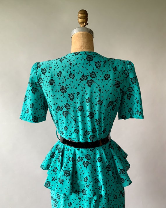 Vintage 80s dress, 1980s turquoise floral peplum … - image 5