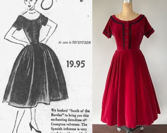 Vintage 50s Dress, 1950s Jonathan Logan Red Velvet Holiday Party Dress, Cotton Velveteen Black Braided Trim, Festive Christmas, XS, W24 W25
