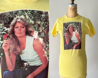 1970s Vintage Farrah Fawcett Flower Photo Iron On Yellow Single Stitch Tee, Extra Small XS S