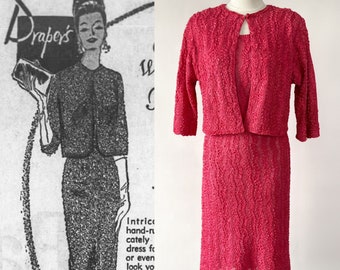 Vintage 60s Dress, 1960s Caledonia Rose Pink Rayon Passementerie Ribbon Knit Set, Fitted Sheath Wiggle Boxy Jacket 2PC Suit, Small Medium