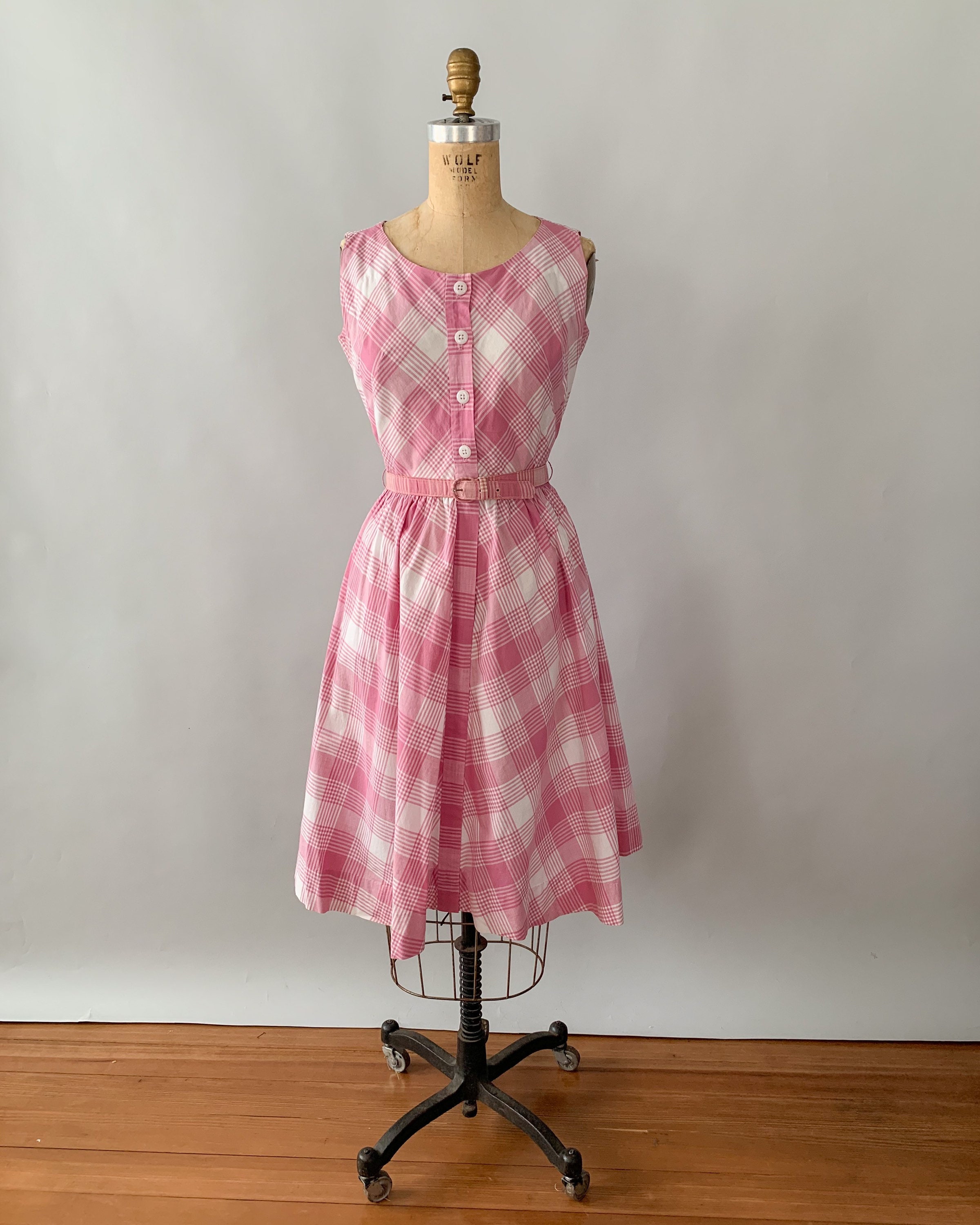 Vintage 1950s pink plaid cotton sleeveless day dress Extra Small XS