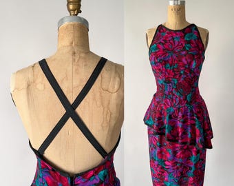Vintage 90s Dress, 1980s 1990s Black Pink Teal Floral Rayon Asymmetrical Peplum Dress, Fitted Sheath Criss Cross Back Sundress, Small S M