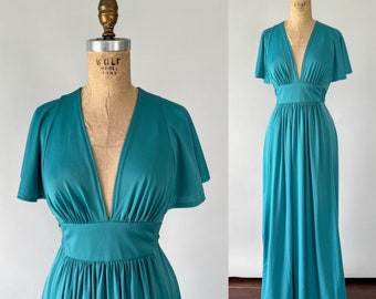 Vintage 70s Dress, 1970s Jody T Teal Blue Polyester Jersey Knit Deep V Neck Flutter Sleeve Maxi, Disco Hippie Style Party Dress, Small S