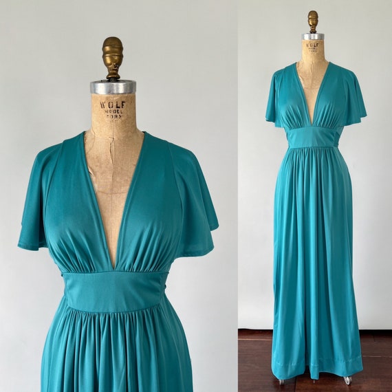 Vintage 70s Dress, 1970s Jody T Teal Blue Polyest… - image 1