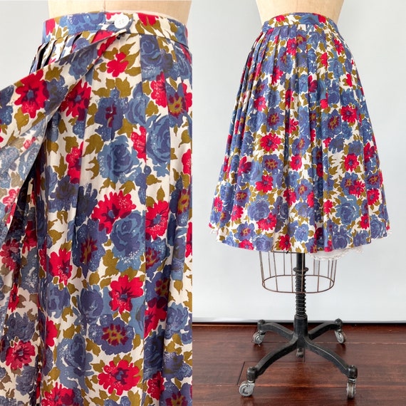 Vintage 50s Skirt, 1950s 1960s Purple Blue Floral… - image 1