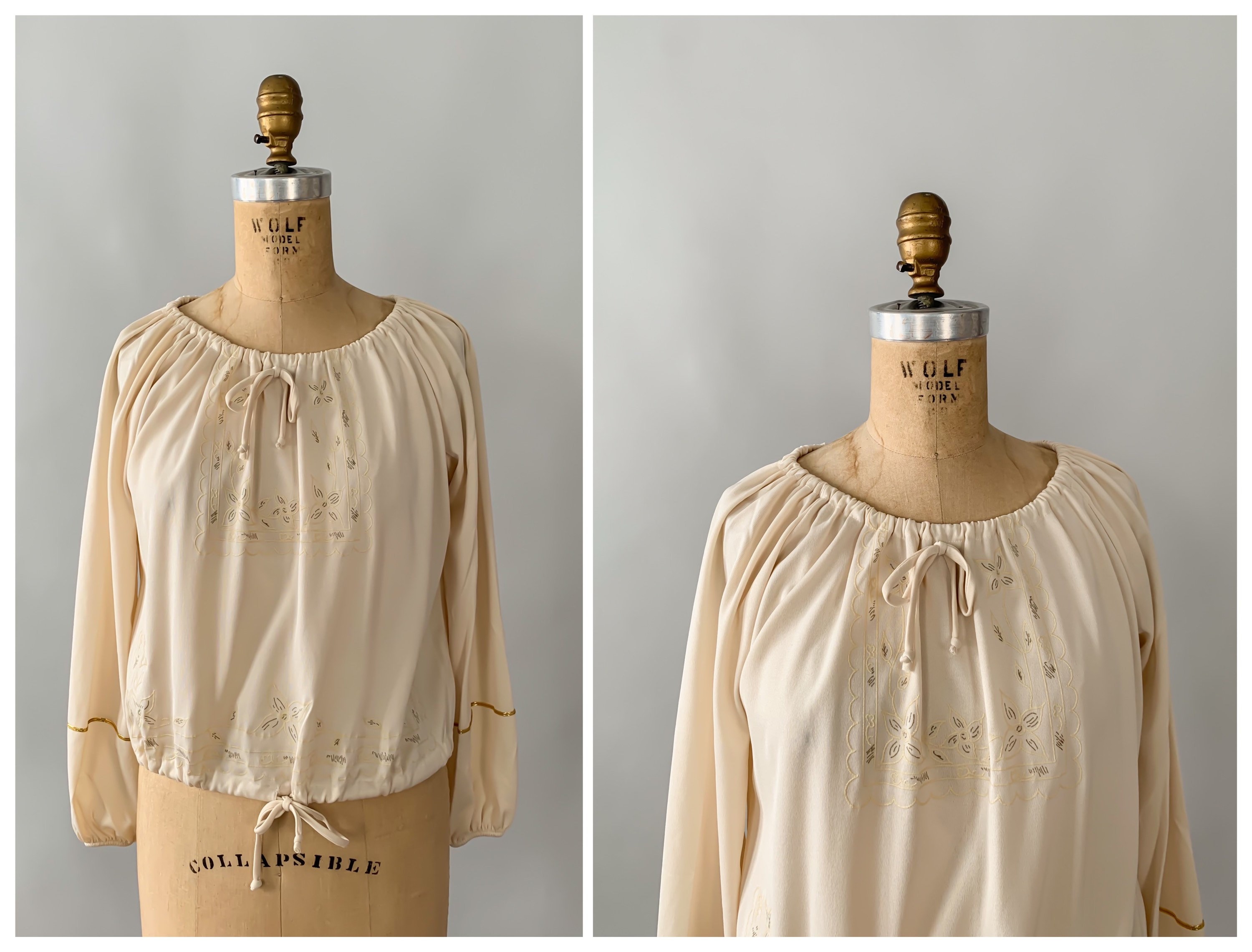 Vintage 1970s cream floral peasant blouse / 70s boho top / Small S