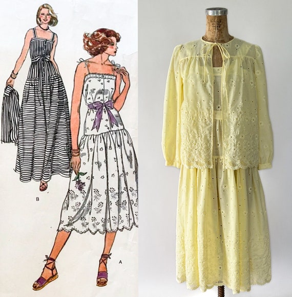 Vintage 70s Dress, 1970s Vogue Yellow Eyelet Cott… - image 1