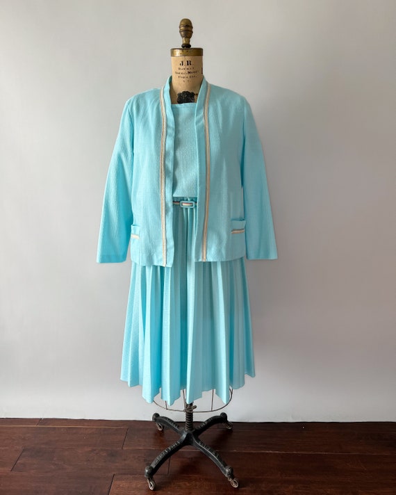 Vintage 80s Dress, 1980s Aqua Blue Pastel Rainbow… - image 2