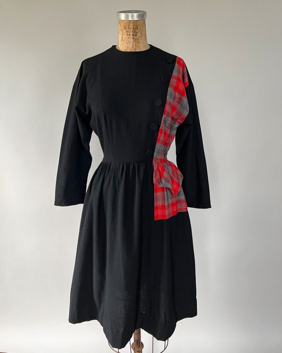 Vintage 40s Dress, 1940s Black Wool Red Plaid Chr… - image 10