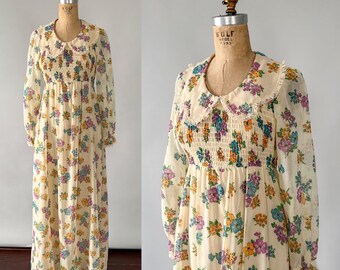 Vintage 70s Dress, 1970s Cream Blue Purple Floral Smocked Maxi, Lace Trim Collared Empire Waist Long Sleeve Prairie Dress, Extra Small XS
