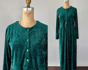 Vintage 90s Dress, 1990s Teal Green Crushed Velvet Long Sleeved Button Front Oversized Maxi, Festive Christmas Holiday Party, Small Medium